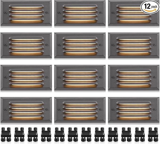 SUNVIE Low Voltage Step Lights Outdoor 5W LED Stair Lights with Horizontal Louver Faceplate Deck Lights for Steps Stairs Fences 12V 3000K 3.2FT ETL Listed Wire, Fastlock2 Connectors Included, 12 Pack