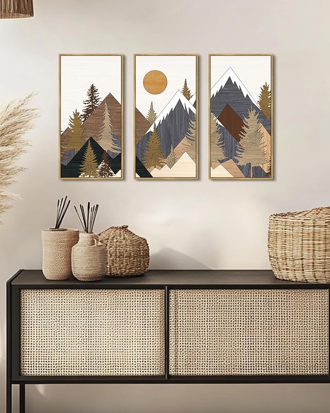 KUVIOKE Mountains Framed Wall Art Sun Range Landscape Wall Decor Farmhouse Bedroom Living Room Ready to Hang 8x16in3pcs Natural Framed
