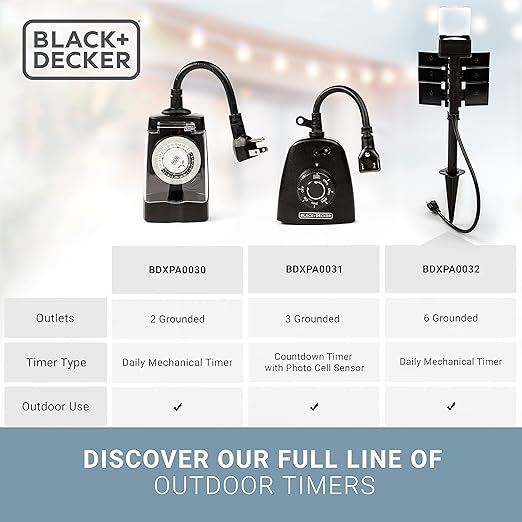 BLACK+DECKER Garden Timer Stake with 6 Grounded Outlets - Waterproof Outlet Timer with 30-Minute Intervals for Lights, Tools - Outdoor Power Stake with Overload Protection - Premium Light Timers