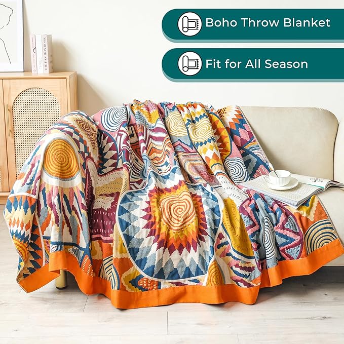 Boho Cotton Muslin Twin Size Bed Throws,100% Cotton Rustic 4 Layer Reversible Colorful Woven Blankets, Washable Breathable Mexican Decor Bed Blankets 60"×80" for Couch Sofa All Seasons