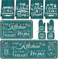 Fourluoo 10 Pcs Farmhouse Kitchen Decor and Accessories Set 4 Kitchen Towels 2 Pot Holders 2 Oven Mitts 2 Rugs for Cooking Baking Mom Housewarming Gifts(Light Blue,Classic Style)