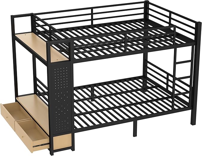 Bellemave Queen Over Queen Metal Bunk Bed with Storage Drawers and Shelves, Heavy Duty Bunk Beds with Pegboard and Coat Rack for Kids, Adults,Black