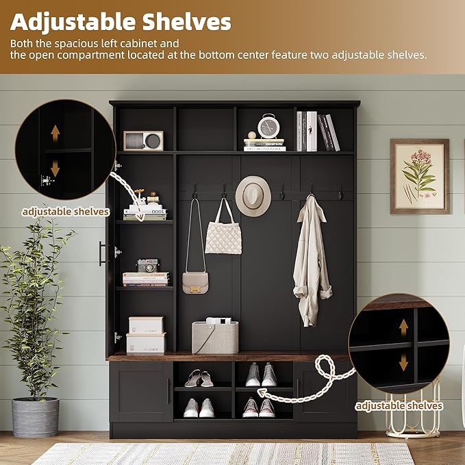 Modern 55‘’ Wide Hall Tree with 6 Hooks, Wood Brown Grain Minimalist Shoe Cabinet with Adjustable Shelves, Versatile Entryway Coat Rack for Living Room Hallway (Black-11A)
