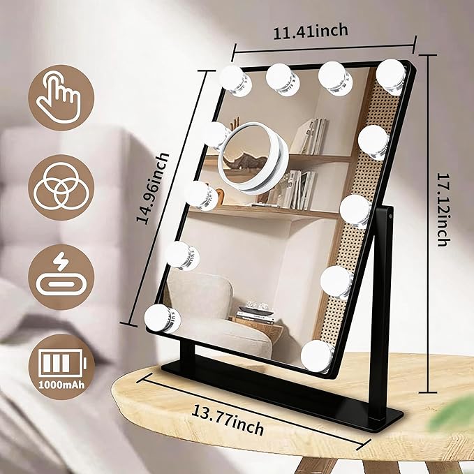 Makeup Vanity Mirror with Lights 17.12"x13.77" LED Makeup Mirror Detachable 10X Magnification, Hollywood Make Up Mirror with Lighting, Smart Touch, Rechargeable,360° Rotation, (Black)