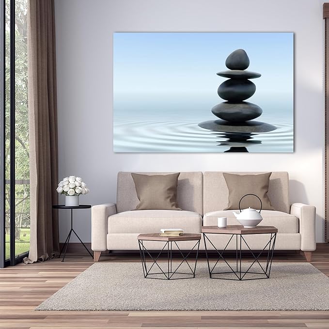 Zen Wall Art Decor, Modern Bathroom Zen Decor Wall Art, Large Zen Relaxing Canvas Wall Art for Spa Room Decor, Black Pebble and Waves Tranquil Zen Art Prints for Office & Spa Wall Decor 32x48 Inches