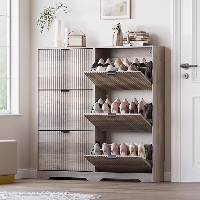 Large Shoe Cabinet for Entryway, Tall Narrow Shoe Storage Cabinet with 6 Flip Drawers and Adjustable Shelves, Shoe Rack Cabinet Organizer for Hallway, Foyer, Small Apartment