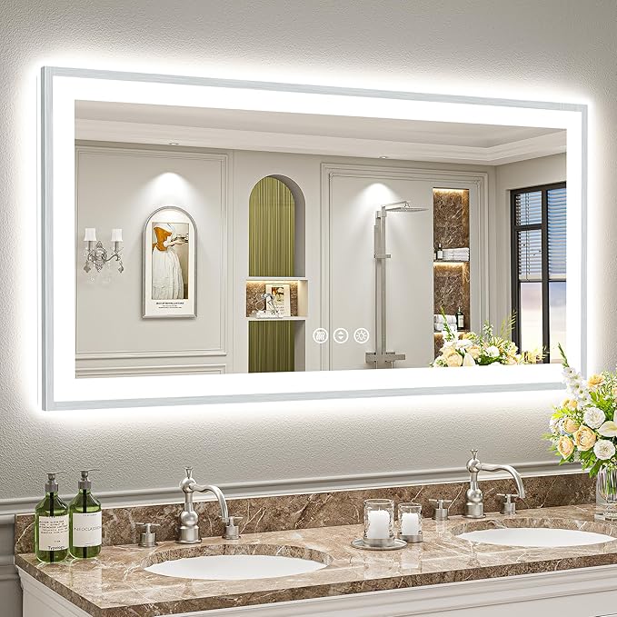 55x30 Brushed Nickel LED Bathroom Mirror with Lights, Sliver Framed Backlit and Front Lit Anti-Fog Lighted Vanity Mirrors for Bathroom Wall, Dimmable, 3 Colors, Memory, Tempered Glass, CRI＞90