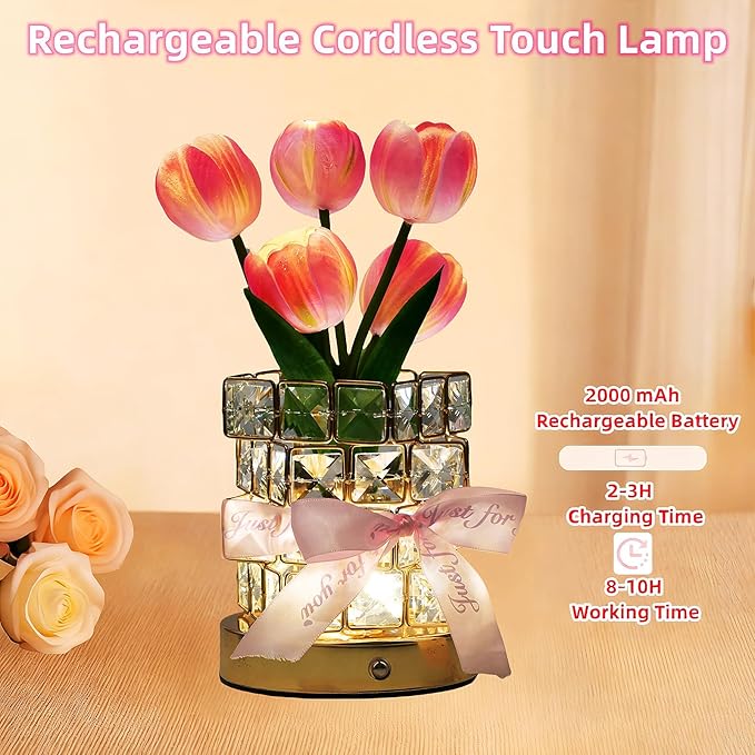 Tulips Flower Lamp,Mothers Day Gifts ,Rechargeable Cordless Touch Night Light for Bedroom Flowers Decor,3-Colors Dimming Crystal Bedside Table Lamps,Birthday Mother’s Day Gifts for Women,Mom,Wife