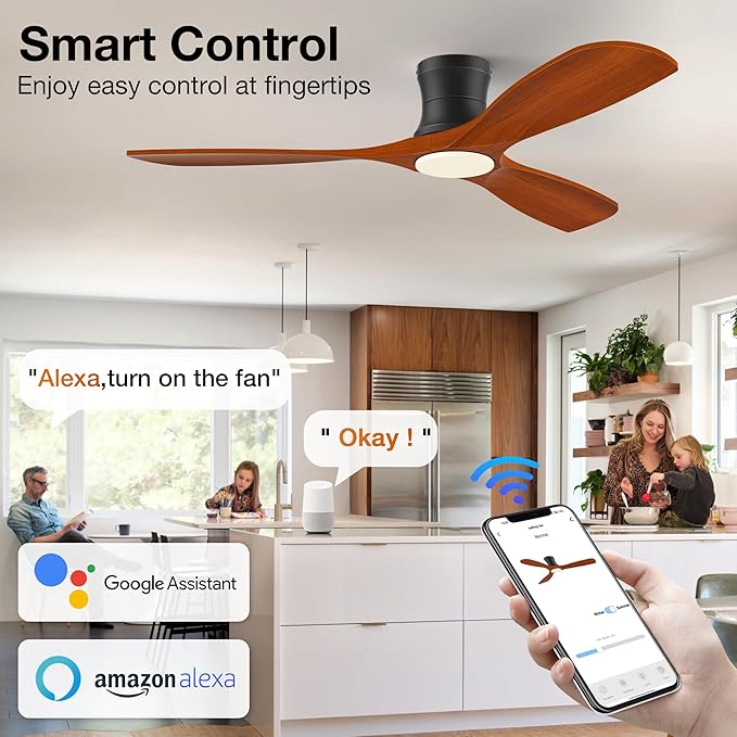 Smart 52” Wood Flush Mount Ceiling Fans with Lights Remote,Quiet DC Motor,Outdoor Indoor Low Profile Ceiling Fan,Voice Contorl with WIFI Alexa App Control,Modern fan for Bedroom Patio