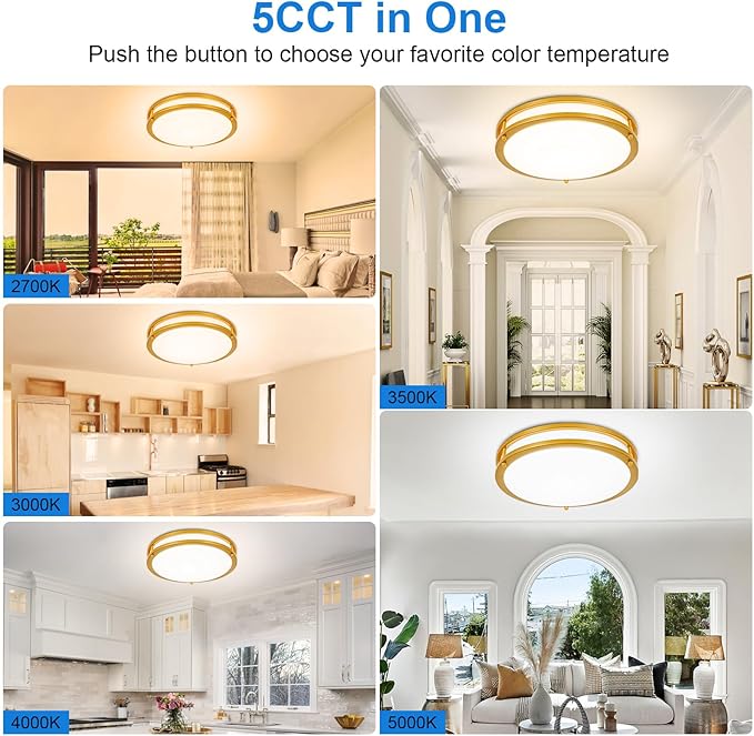 DLLT Flush Mount LED Ceiling Light: 13 Inch 2Pack 5CCT (3000K-6000K) & Dimmable Ceiling Light Fixtures for Bedroom Hallway - 24W Modern Gold Super Bright Kitchen Lighting Fixtures Ceiling