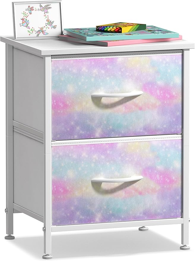 Sorbus Nightstand with 2 Drawers - Kids Bedside Furniture End Table Night Stand - Steel Frame, Wood Top & Easy Pull Fabric Bins - Dresser & Chest for Home, Bedroom Accessories, Office & College Dorm