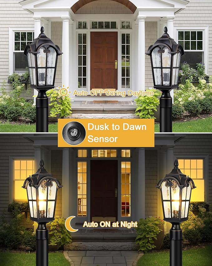 Dusk to Dawn Outdoor Post Lights,Black Waterproof Lamp Post Light Fixture, Aluminum Lamp Posts Outdoor Lighting Pole Lantern for Outside Yard Patio Pathway Garden Deck, Hard Wired