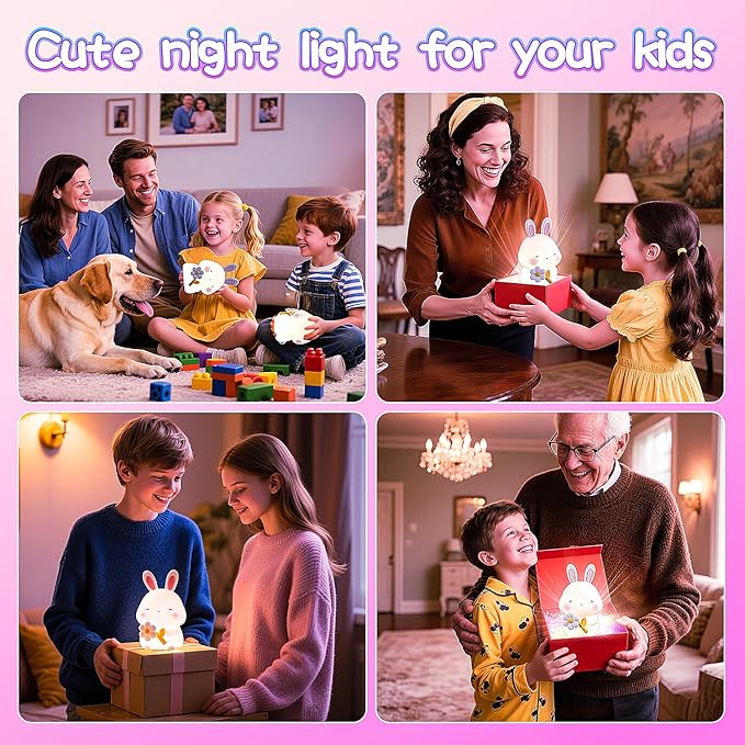 Cute Bunny Night Light for Kids, 7 Colors Squishy Silicone Touch Lamps, 3 Level Dimmable Rabbit Nursery Nightlight, 1200mAh Rechargeable Easter Gifts for Baby Toddler Girls Boys Room Decor