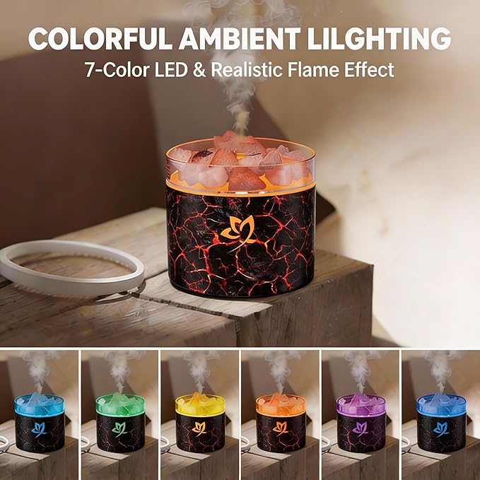 4-in-1 Ultrasonic Crystal Salt Stone Aromatherapy Diffuser & Humidifier - 7-Color LED Dreamy Flame Light, Auto Shut-Off, 2 Modes | Home/Office/Yoga (Black Grain)