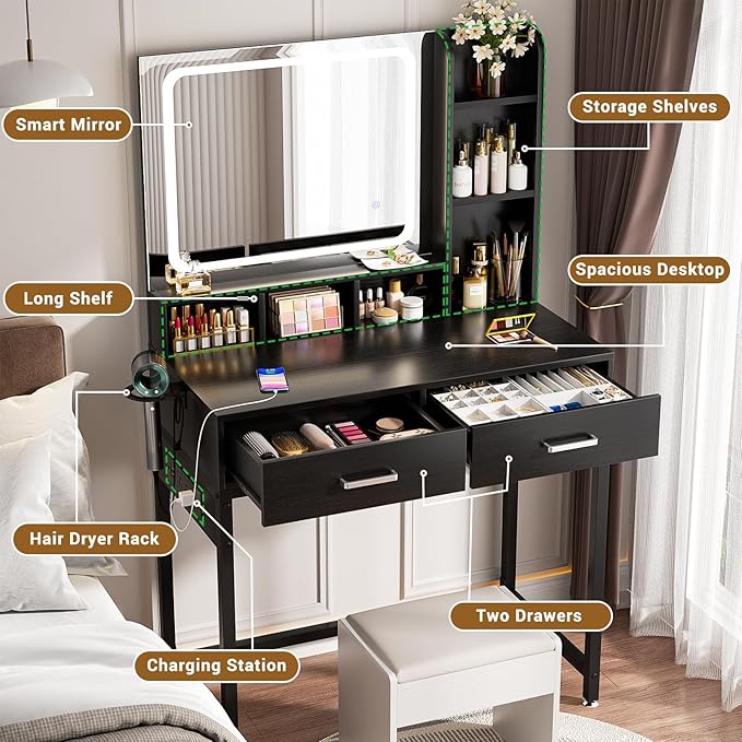 Small Vanity Desk, Vanity Desk with Mirror and Lights, Makeup Vanity Desks with Power Strip, Vanity Table with Drawers and Shelves, Adjustable Lighting, Dressing Table for Bedroom Room, Black
