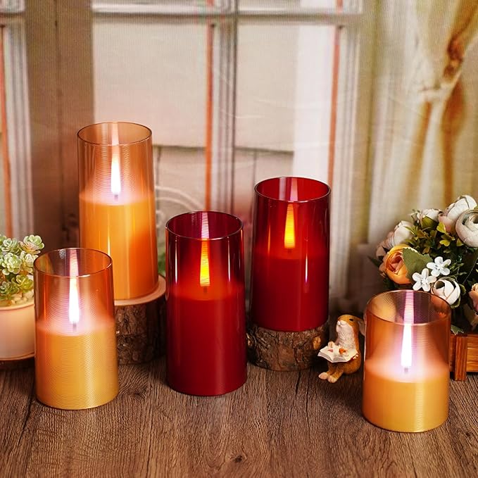 Flameless Candles Upgraded Realistic Flickering Flame,Battery Operated LED Candles with Remote Timers,Acrylic Electric Candles Set of 3(D 3" xH 4" 5" 6")（Gold）