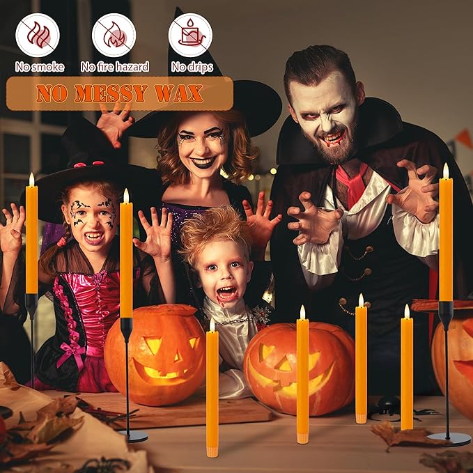 Orange Flameless Candles with Remote, 9.6" Fall Candles with Remote, Real Wax Battery Operated Candles Flickering Flameless Taper Candlessticks for Fall, Thanksgiving, Harvest, Halloween Decor, 3 Pack