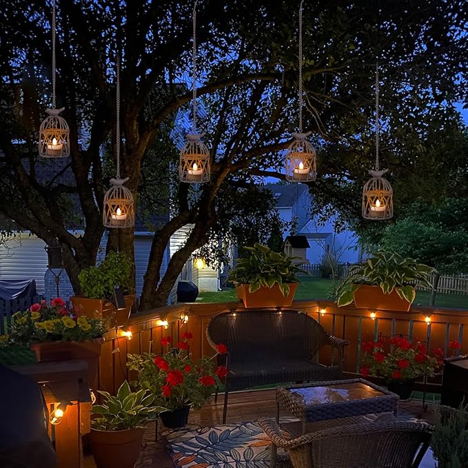 Solar Lanterns Outdoor Waterproof, Rust Iron Cage Candle Holder with Flickering Solar Powered Tea Lights, Hanging Solar Lights for Outside Tree Backyard Patio Garden Fence Decoration-4Pack