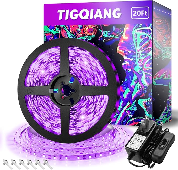 Black Light Strip, 20ft/6M Flexible LED Black Light with kit, 360 lamp Beads, 12V LED Light, Non-Waterproof for Indoor Fluorescent Dance Party, Stage, Birthday, Wedding, Dark Party
