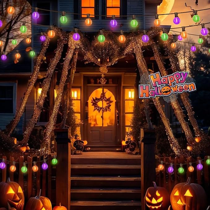 LAMPHOME Globe Outdoor Halloween String Lights,2 Pack 26FT Patio Lights with 12+1 Edison Shatterproof Bulbs, Connectable Dimmable Waterproof for Backyard Porch Halloween Decor, Orange Green Purple