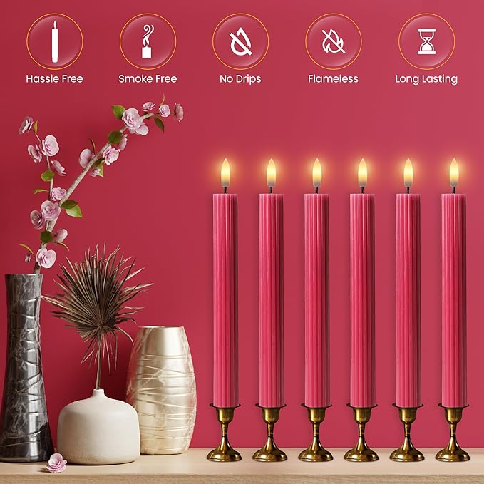 6 Pack, 10" LED Flameless Pink Ribbed Taper Candles w/Remote Controller, On/Off Button, Dimmable, Flicker/Static Mode, Battery Operated, Holiday Christmas Menorah Home Wedding Decor