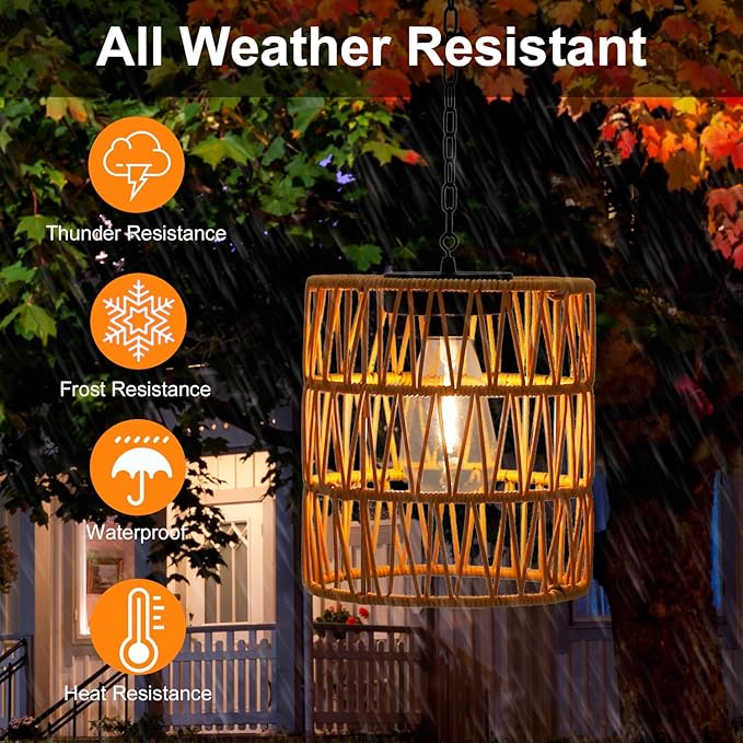 Livinlarge Solar Chandelier Lantern,Outdoor Rattan Pendant Lights,Waterproof Boho Hanging Lamps with Edison Bulb for Gazebo Tree Porch Yard Porch Patio Garden Backyard Decor