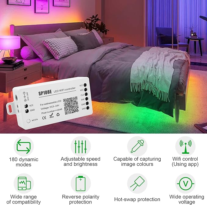 VIPMOON SP108E LED WiFi Controller, Wireless Remote Control for WS2811 WS2815 WS2801 SK6812 WS2813 SK9822 APA102C Addressable RGB LED Pixels Strip