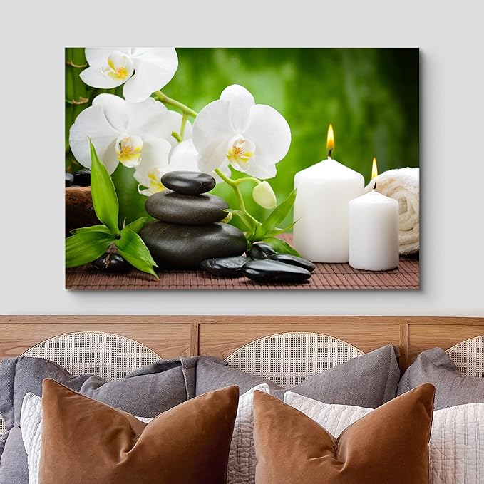 wall26 Canvas Print Wall Art Basalt Stones & Orchids on Wood Panel Nature Floral Photography Realism Rustic Colorful Multicolor Ultra for Living Room, Bedroom, Office - 24"x36"