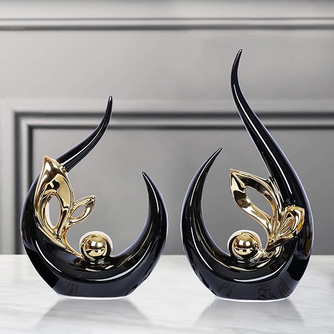 2 PCS Black Gold Home Decor Accent Ceramic Statue Abstract Sculptures Centerpieces Mid Century Modern Decor for Tables Coffee Table top Decorations for Living Room Desktop Shelf Dining Room Kitchen