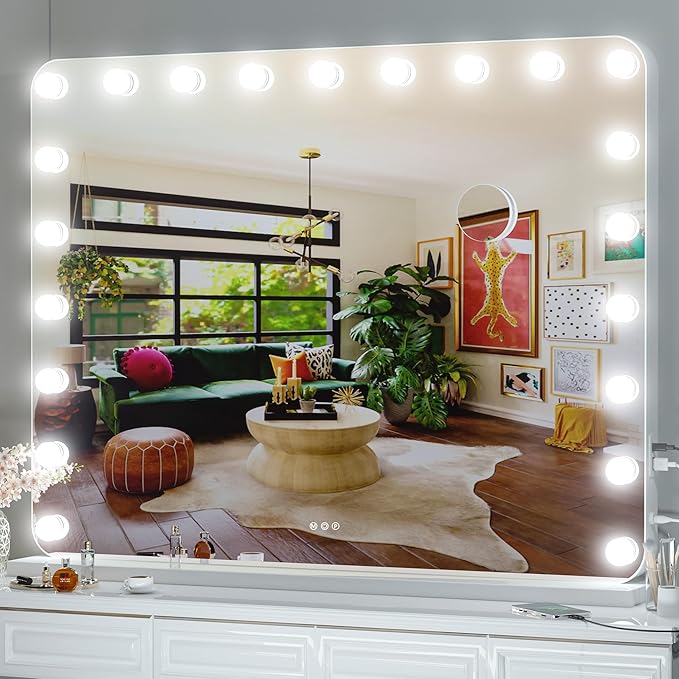 Hasipu Vanity Mirror with Lights, 40" x 29" Hollywood Mirror, Makeup Mirror with 21 Dimmable Bulbs and 10X Magnification, 3 Colors Modes, Touch Control, USB Charging Port, Type-C (Round White)