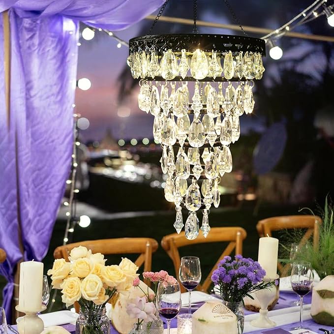Solar Hanging Acrylic Crystal Chandelier Outdoor Garden Decorative Lights a Bright Warm LED and 5ft LED Strip Weatherproof Tree Hanging Lantern for Valentine Gifts Garden Gazebo, Party, Wedding 6 Tier