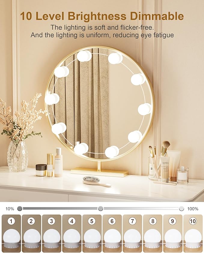 10 Bulbs LED Vanity Lights for Mirror, 3000K 4000K 6500K & 10-Brightness, Wire Length Adjustable, USB Cable, Hollywood Mirror Lights for Makeup Dressing Room Bathroom, White