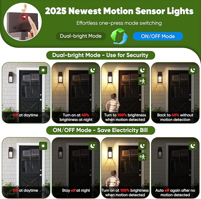 Upgraded Motion Sensor Outdoor Wall Light, 13” Dusk to Dawn Porch Light Outdoor Wall Sconce Lantern, 3 Lighting Modes Exterior Lighting Fixture Wall Mount, Outside Light for House Garage Patio, Brown