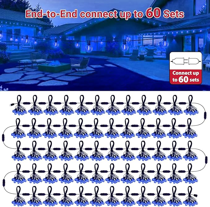 LAMPHOME 2PACK LED Outdoor String Lights, 26ft Patio Lights with 12+1 Edison Shatterproof Bulbs(1 Spare), UL Waterproof Connectable Dimmable Outside Lights for Backyard Porch Deck Garden Decor, Blue