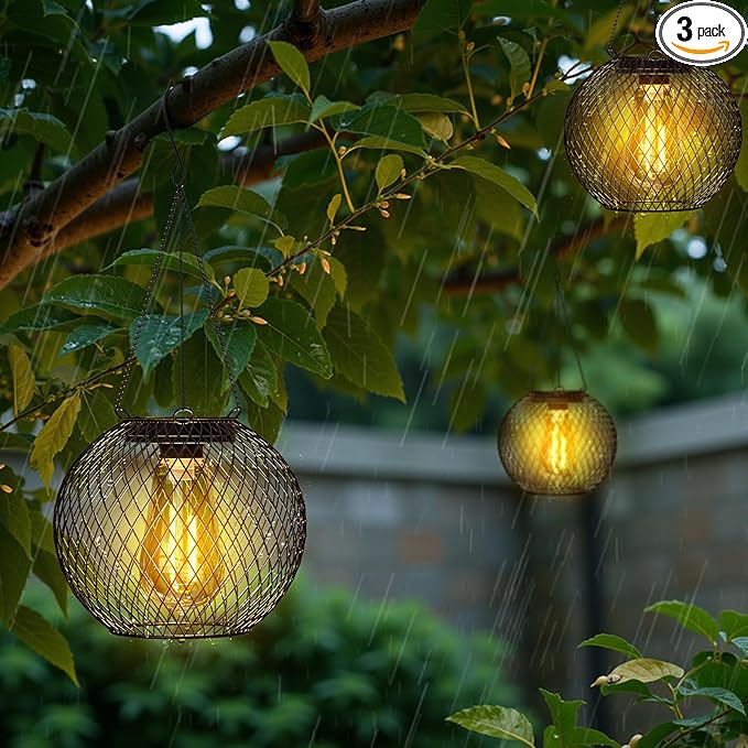 Modern Solar Mesh Globe Pendant Lights, Black Metal Hanging Spherical Lanterns with Edison Bulbs, Chain-Mounted, Indoor Outdoor (Black-4-Pack)