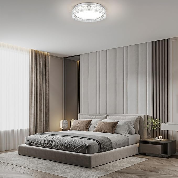 Krychiler 21.6" Large Crystal Flush Mount Ceiling Lights, Dimmable LED Modern Close to Ceiling Lighting Fixture, Chrome Hallway Round Chandelier for Bedroom Kitchen Bathroom Foyer Living Dining Room