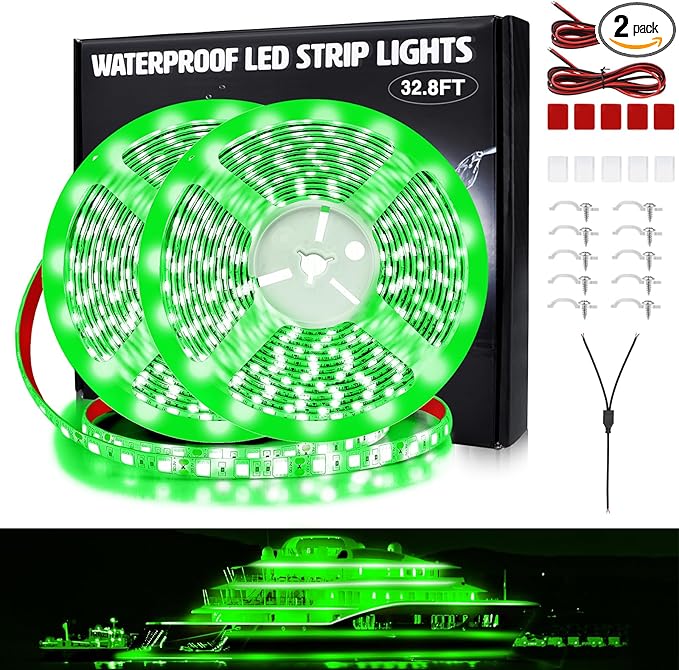 LED Boat Lights 32.8ft (2 Rolls of 16.4ft), LED Strip Lights, Waterproof Interior Light, Pontoon, Kayak, Cabin, Deck, Navigation Lights (Green)