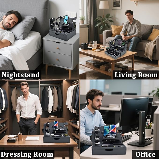 Nightstand Organizer for Men with Large Drawer, Wood Phone Docking Station for Phone, Apple Watch, Wallet & Keys, Ideal Birthday Gift for Father Husband, Bedside Desk Organizer (Grey)