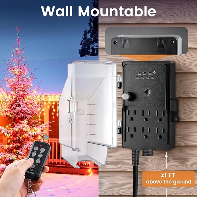 SURAIELEC Outdoor Power Stake Timer Waterproof, 100FT Wireless Remote Control, Photocell Dusk to Dawn Timer, 6 Electrical Outlets, 6FT Extension Cord, for Halloween Decoration, Outdoor Lights, Garden