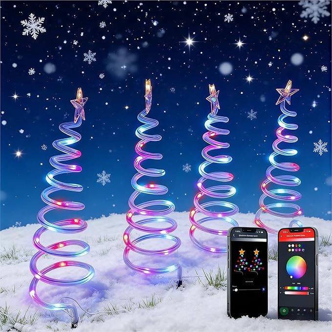 4 Pack Smart Spiral Pathway Lights Outdoor, DIY RGB Color Changing, 80+ Lighting Modes, Remote & App Control, Timer, IP67 Waterproof Landscape Path Lights for Holiday Yard, Garden & Patio Decor Lights