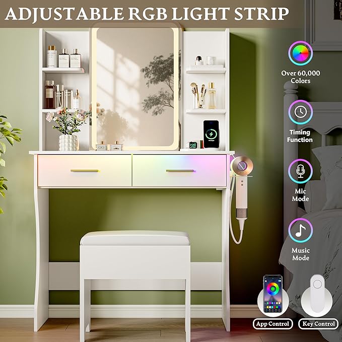 Makeup Vanity Desk with Mirror & Lights, Small Vanity Table Set for Girls with Chair & Power Outlet, Modern Dressing Table with 2 Drawers & 4 Storage Shelves, Adjustable RGB Lighting - White