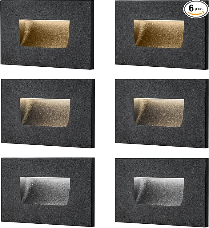 FTL Stair Lights Indoor LED Outdoor Step Lights 12V, Low Voltage 3000K/4000K/5000K Color Changing Deck Stair Light 3.5W 150LM Stairway Lighting, Waterproof Deck Step Lights Black Aluminum, 6 Pack