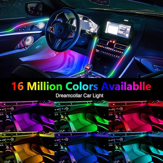 Dreamcolor Acrylic Interior Car LED Strip Light with Wireless APP Control, RGB 14-in-1 Ambient Lighting Kit with Music Sync, Dynamic Color Chasing Neon Light Kits for Car Interior