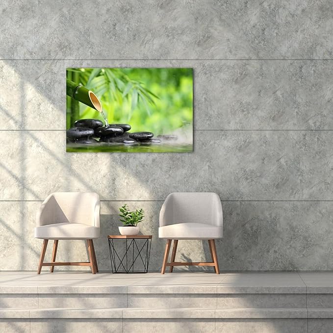 Zen Wall Art Decor, Modern Bathroom Zen Decor Wall Art, Canvas Wall Art for Spa Zen Room Decor, Green Bamboo Forest and Black Pebble Relaxing Art Prints for Office & Spa Wall Decor 18x24 Inches