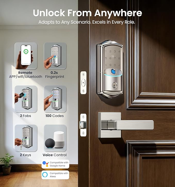 Veise VE027 Built-in Wi-Fi Smart Lock, Fingerprint Keyless Entry Front Door Lock, App Remote & Voice Control, No Hub Needed, Touchscreen Keypad Deadbolt, IP65 Waterproof, BHMA Grade 3, Satin Nickel