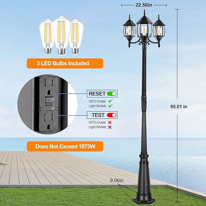 Dusk to Dawn Outdoor Lamp Post Light with GFCI Outlet, 3-Head Classic Black Light Pole with Glass Panels (3 LED Bulbs Included), Aluminum Waterproof Outside Street Light for Backyard Garden Driveway