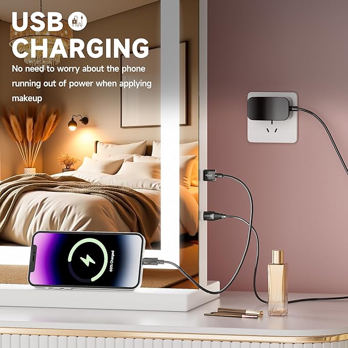Vanity Mirror with Lights, 32" x 22" LED Makeup Mirror with 10X Magnification, Dimmable 3 Modes, Memory Function, Smart Touch, USB Charging Port, Lighted Makeup Mirror Square White
