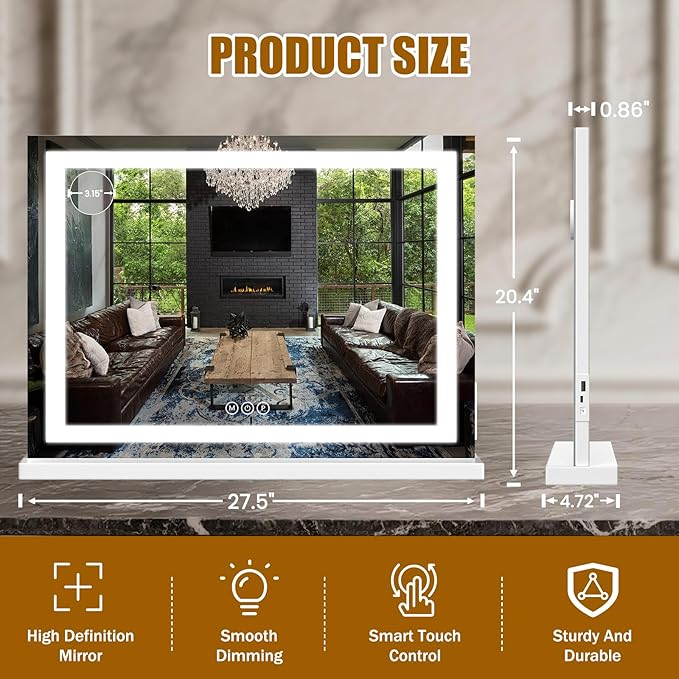 Vanity Mirror with Lights 28"x20", LED Makeup Mirror, 3 Color Lighting Modes, 10X Magnification, Smart Touch Control, Dimmable, Aluminum Metal Frame, Lighted Up for Vanity Desk (White)