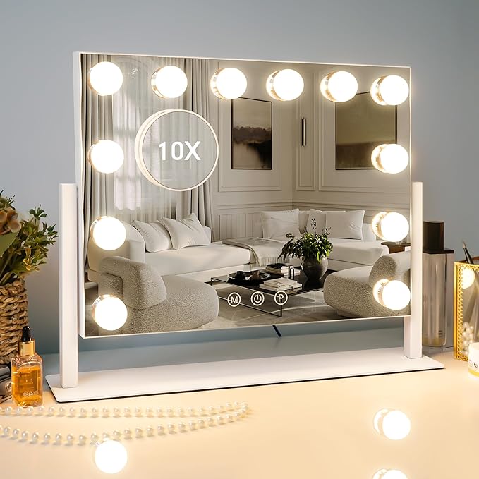 Kottova Vanity Mirror with Lights,15.7"x11.8"LED Makeup Mirror, Lighted Makeup Mirror with 10X Spot Mirror,Smart Touch 3 Colors Dimmable,360° Rotation,for Vanity Desk Tabletop,Plug in(White)