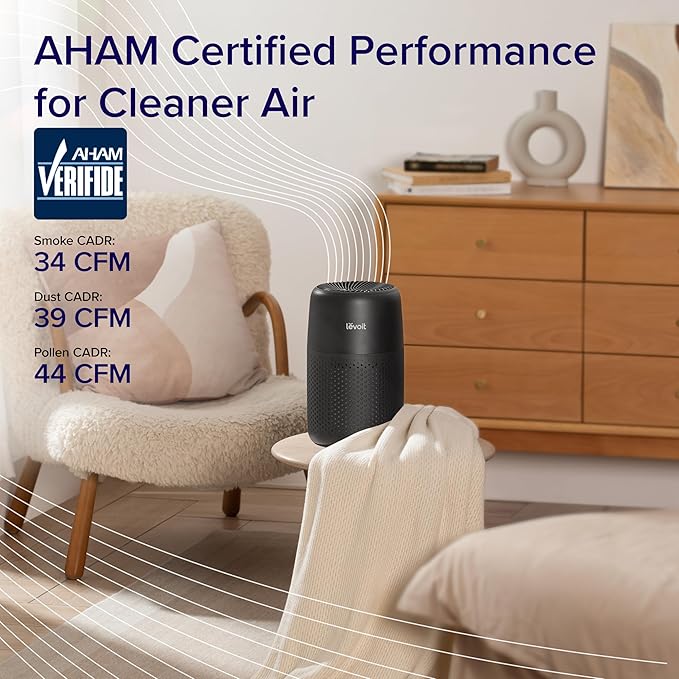 LEVOIT Air Purifiers for Bedroom Home Dorm, AHAM Verified, 3-in-1 Filter Cleaner With Aroma Pad, Filters Smoke, Allergens, Pet Dander, Odor, Dust, Office, Desktop, Core Mini-P, Black